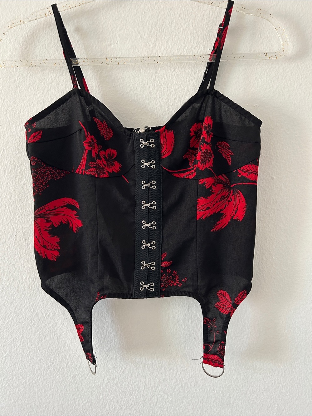 Black Red Floral Corset Top with Garter Tabs